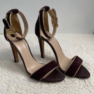 Club Monaco Casey Stiletto Heel Sandals Burgundy Calf Hair Gold Trim 37.5 US 7